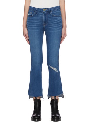 Main View - Click To Enlarge - FRAME - Le Crop' Flared Asymmetrical Hem Distress Detail Jeans