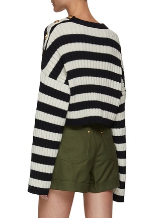 Back View - Click To Enlarge - BALMAIN - Shoulder Cut Out Striped Ribbed Wool Blend Knit Cropped Sweater