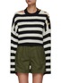 Main View - Click To Enlarge - BALMAIN - Shoulder Cut Out Striped Ribbed Wool Blend Knit Cropped Sweater