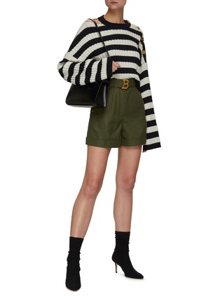 Figure View - Click To Enlarge - BALMAIN - Shoulder Cut Out Striped Ribbed Wool Blend Knit Cropped Sweater