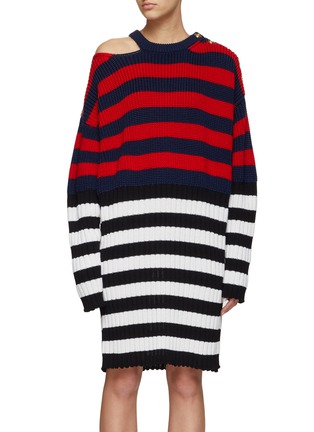 Main View - Click To Enlarge - BALMAIN - Two Toned Stripe Shoulder Cut Out Knit Sweater Dress