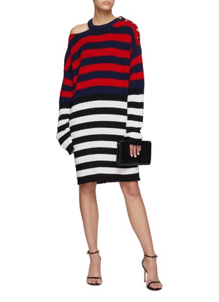 Figure View - Click To Enlarge - BALMAIN - Two Toned Stripe Shoulder Cut Out Knit Sweater Dress