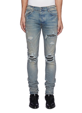 Main View - Click To Enlarge - AMIRI - MX1' Ribbed Leather Knee Patch Ripped Washed Skinny Jeans