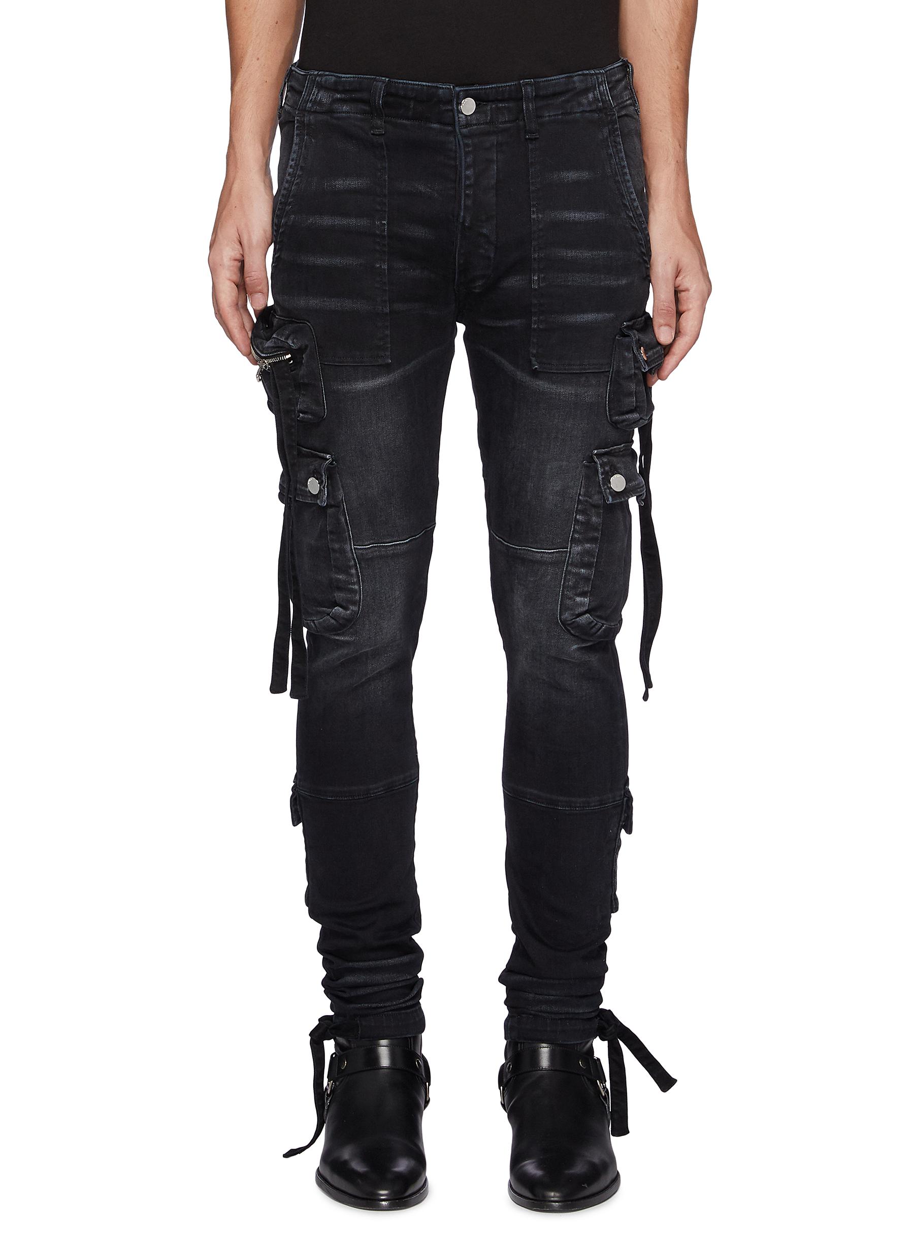 Strap Adorned Cargo Washed Black Jeans