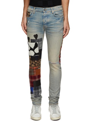 Main View - Click To Enlarge - AMIRI - Mixed Patchwork Distressed Knee Denim Skinny Jeans
