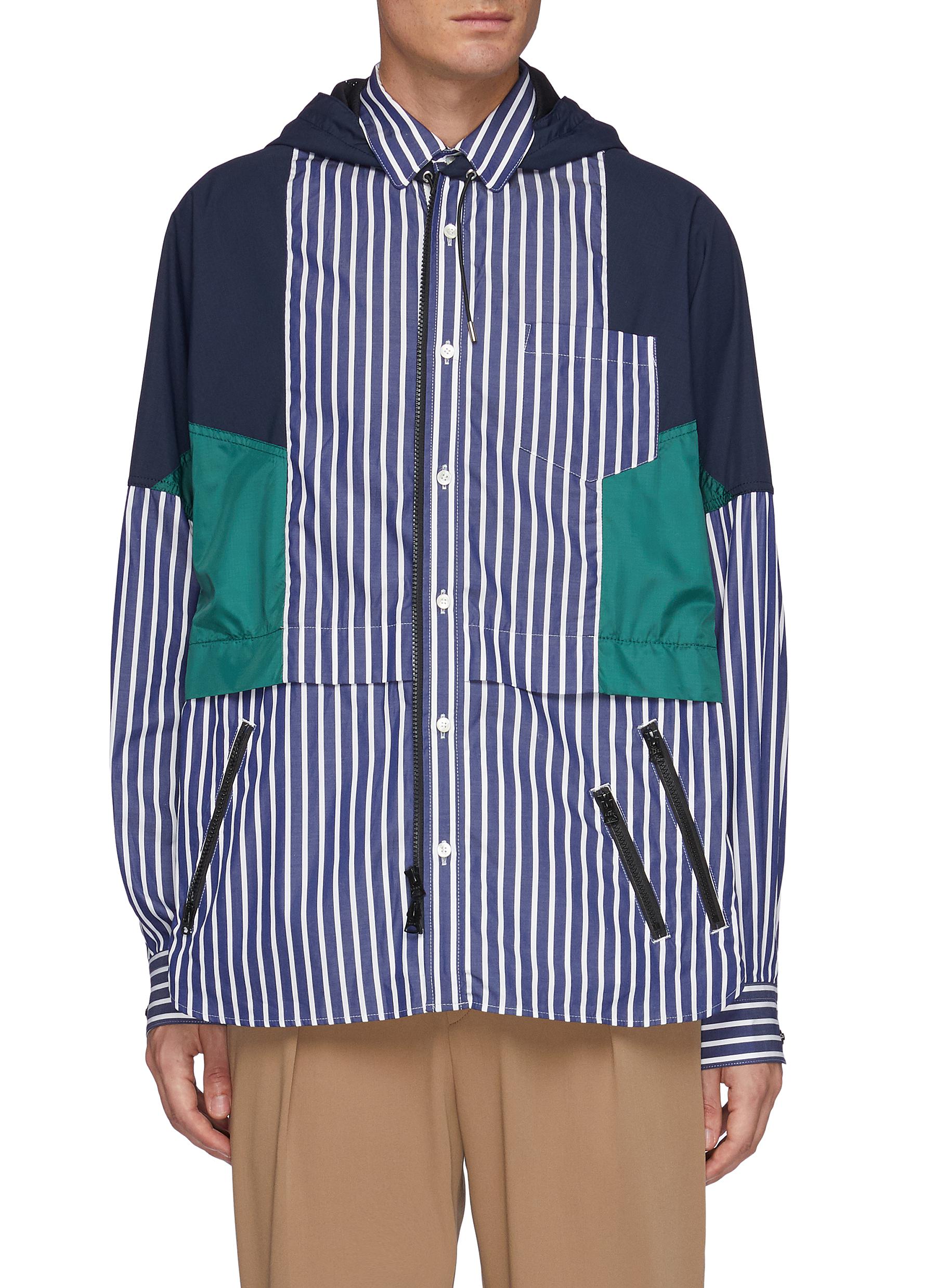 Sacai Striped Multi Panel Deconstructed Hoodie Zip Shirt In Multi