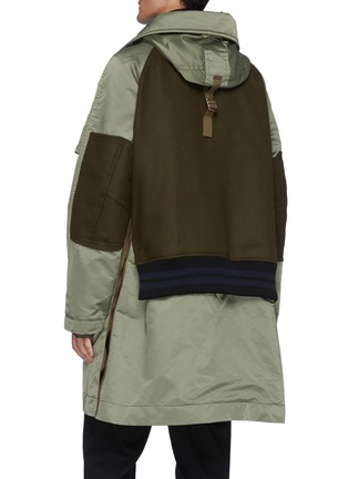Back View - Click To Enlarge - SACAI - Hybrid Bomber Varsity Jacket Zip Up Hooded Wool Panelled Nylon Coat