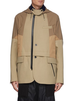 Main View - Click To Enlarge - SACAI - Nylon Pamelled Hybrid Blazer Wool Melton Hooded Zip Jacket
