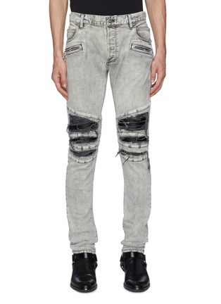 Main View - Click To Enlarge - BALMAIN - Ribbed Patches Bleach Wash Slim Fit Jeans