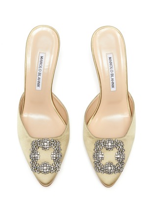 Detail View - Click To Enlarge - MANOLO BLAHNIK - 'Hangisi 70' Crystal Brooch Point Toe Satin Heeled Mules