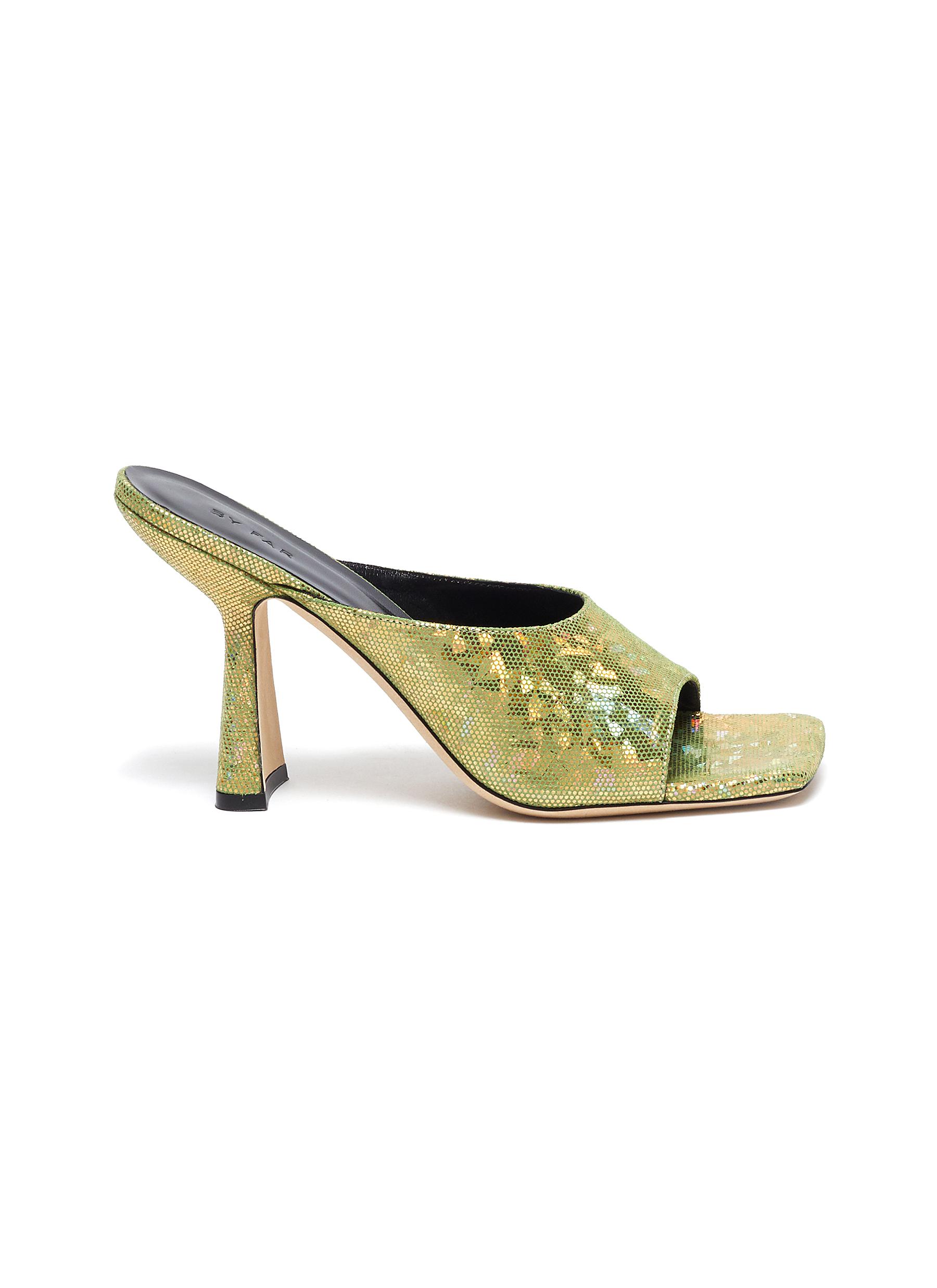 By Far Zaya Holographic Leather Square Toe Heeled Sandals In