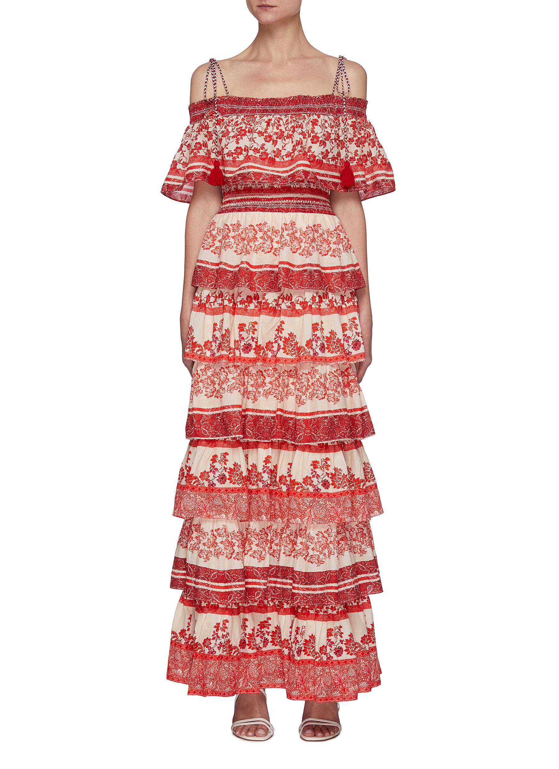ALICE AND OLIVIA VALENCIA' OFF-SHOULDER FLORAL TIERED MAXI DRESS