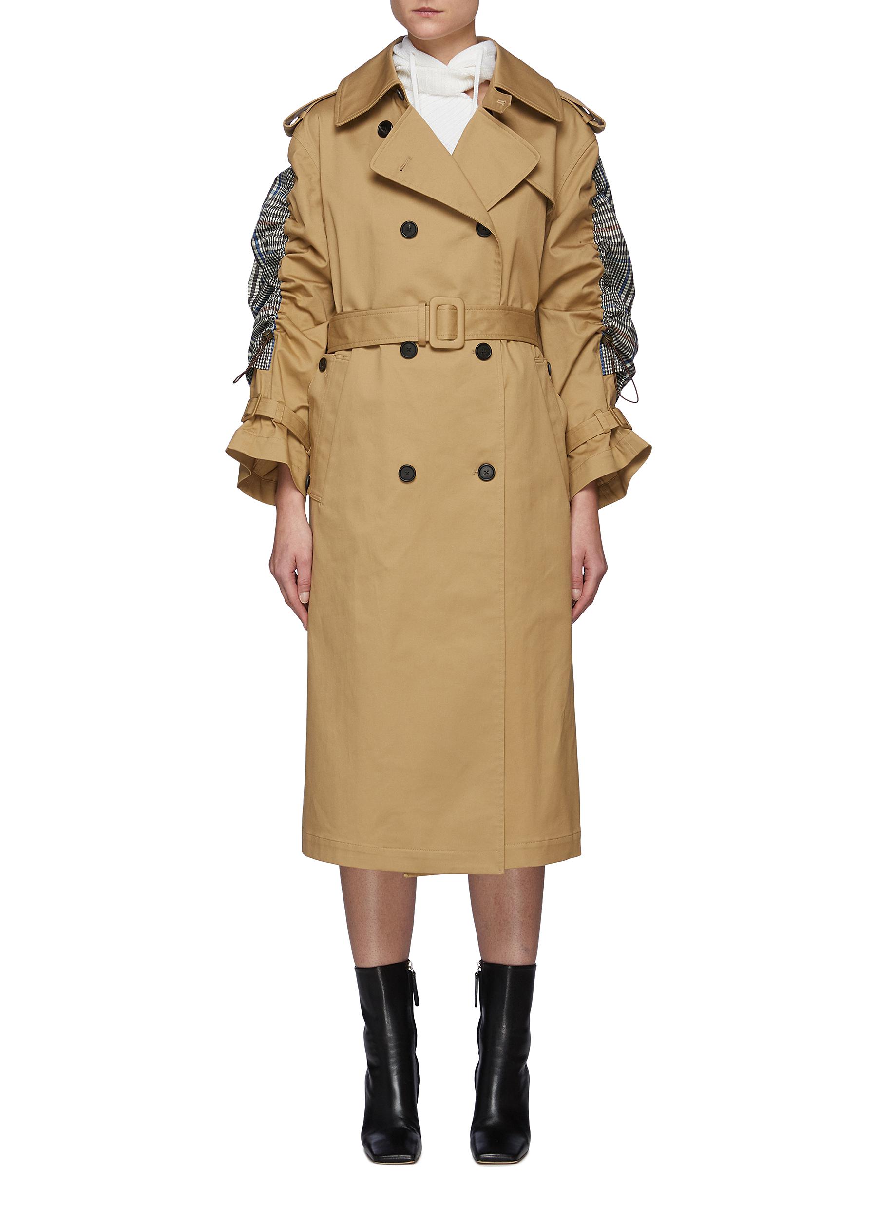 MONSE DRAWSTRING DETAIL PLAID BACK BELTED TRENCH COAT