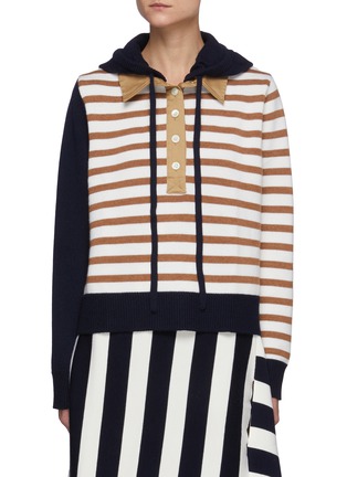 Main View - Click To Enlarge - MONSE - Collaged Stripe Rugby Shirt Merino Wool Knit Hoodie