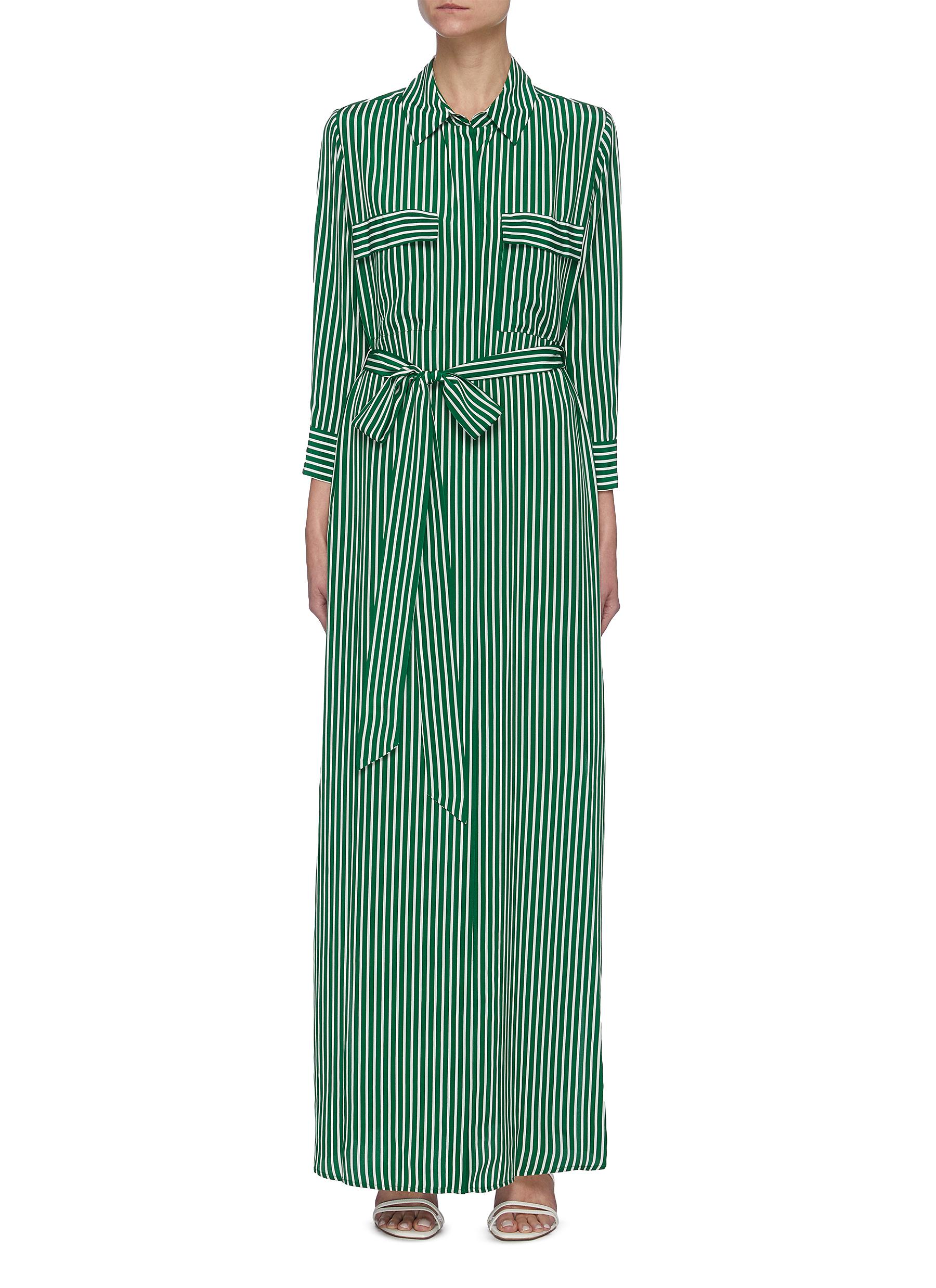 L Agence Cameron Belted Striped Silk Crepe De Chine Maxi Shirt Dress In Green,white