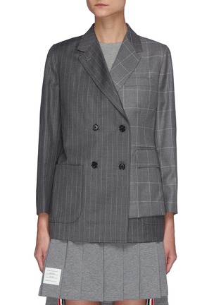 Main View - Click To Enlarge - THOM BROWNE  - Windowpane Mix Panel Deconstructed Striped Wool Blazer