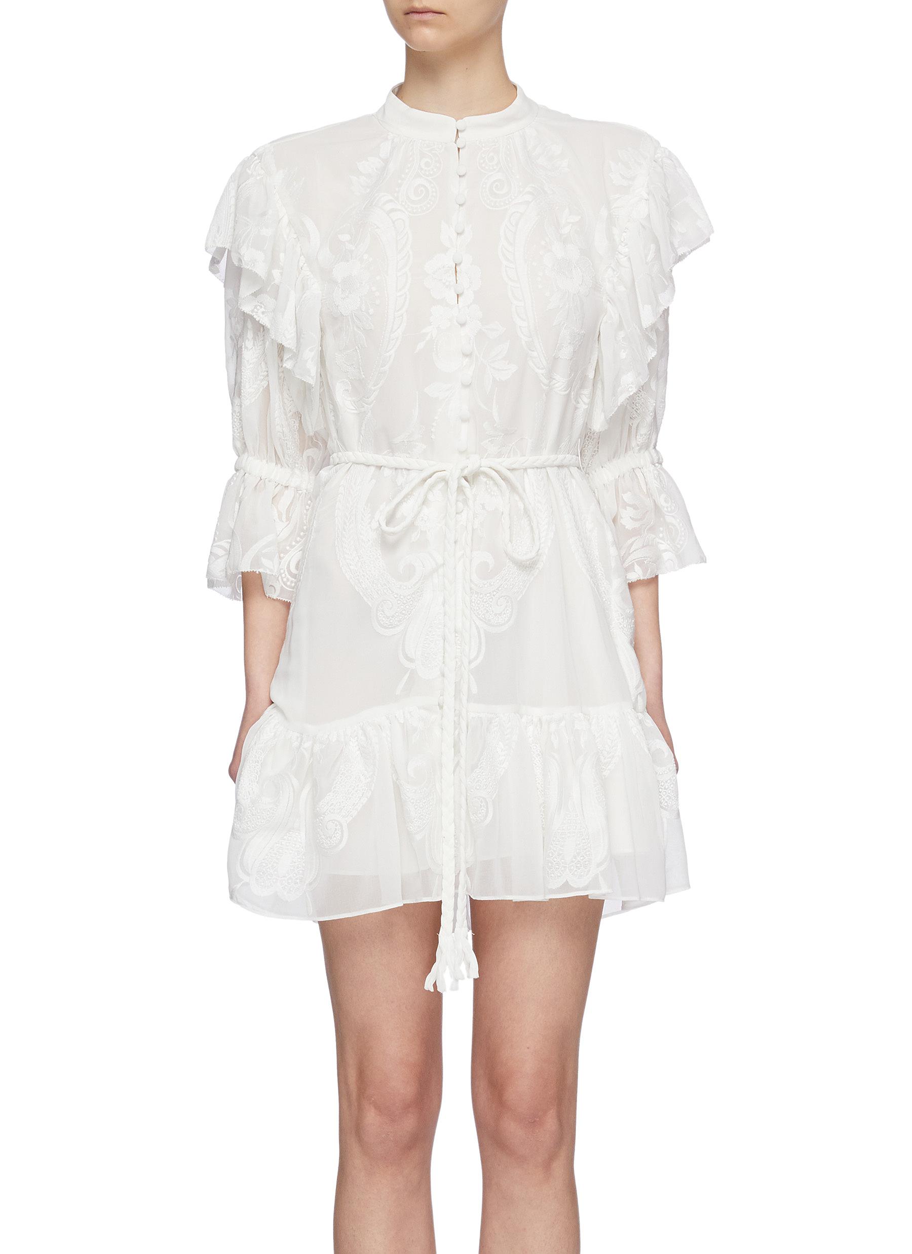 Alice And Olivia 'teddy' Belted Lace Panel Ruffle Dress In White