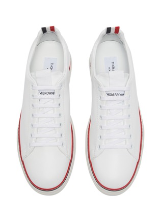 Detail View - Click To Enlarge - THOM BROWNE - Tricolour Welt Detail Leather Tennis Sneakers