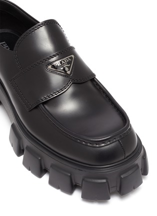 Detail View - Click To Enlarge - PRADA - Tread Sole Triangular Logo Plaque Leather Penny Loafers
