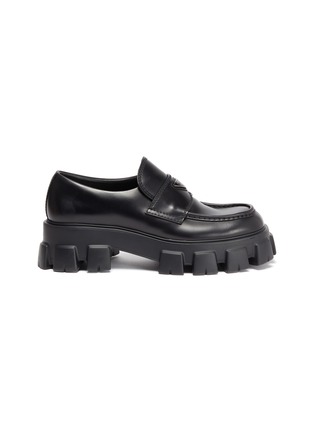 Main View - Click To Enlarge - PRADA - Tread Sole Triangular Logo Plaque Leather Penny Loafers