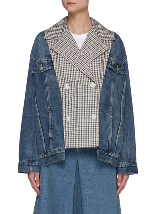 Main View - Click To Enlarge - PORTSPURE - Denim Sleeve Plaid Cotton Double Breasted Jacket