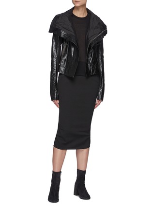 Figure View - Click To Enlarge - RICK OWENS  - Double Breasted Cropped Calf Leather Biker Jacket