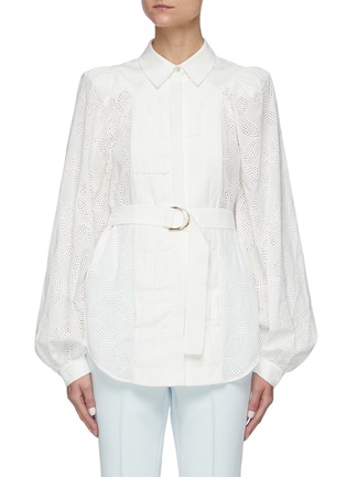 Main View - Click To Enlarge - ACLER - 'Klara' Belted Floral Perforated Sleeve Pleated Chest Cotton Shirt