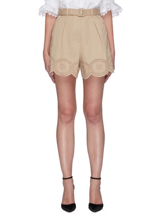 Main View - Click To Enlarge - SELF-PORTRAIT - Floral Embroidery Scallop Hem Belted Cotton Shorts