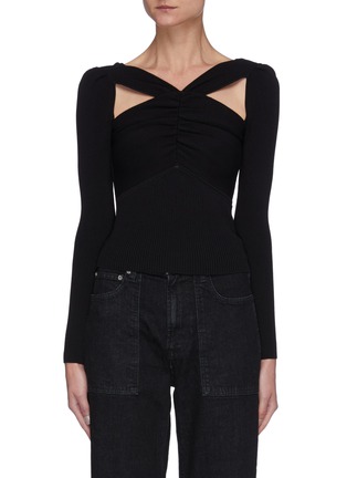 Main View - Click To Enlarge - SELF-PORTRAIT - Ruched detail cut-out neck rib-knit top