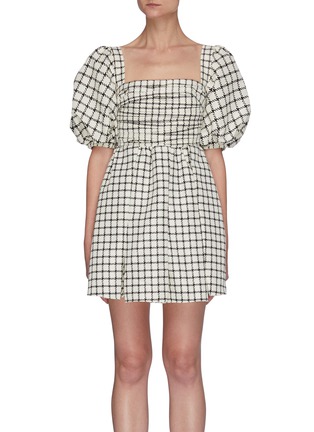 Main View - Click To Enlarge - SELF-PORTRAIT - Square Neck Ruch Bodice Puff Sleeve Check Mini Dress