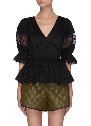 Main View - Click To Enlarge - SELF-PORTRAIT - Sheer Lace Balloon Sleeve Cotton Peplum Blouse