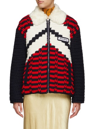 Main View - Click To Enlarge - MIU MIU - Faux Fur Collar Crocheted Front Virgin Wool Puffer Jacket