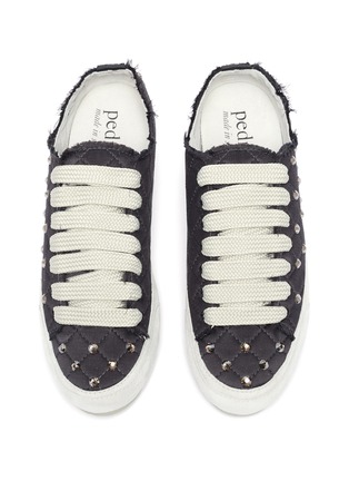 Detail View - Click To Enlarge - PEDRO GARCIA  - Pauletta' Crystal Embellished Fray Edge Quilted Satin Sneakers