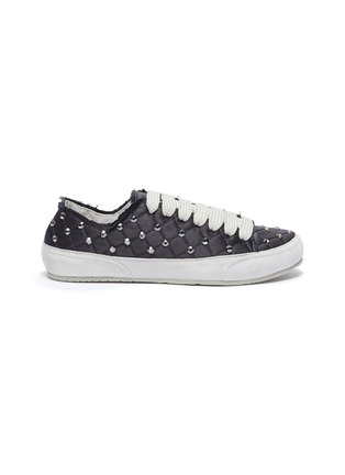 Main View - Click To Enlarge - PEDRO GARCIA  - Pauletta' Crystal Embellished Fray Edge Quilted Satin Sneakers