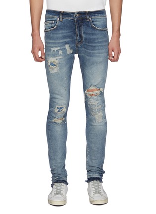 Main View - Click To Enlarge - PURPLE BRAND - Ripped And Repaired Low Rise Light Washed Skinny Jeans