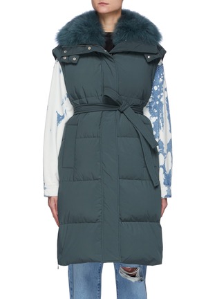 Main View - Click To Enlarge - YVES SALOMON - Belted Goat Fur Collar Long Puffer Gilet