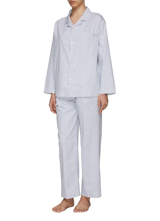 Front View - Click To Enlarge - LAGOM - MEDIUM PIPED PYJAMA SET — WHITE/BLUE