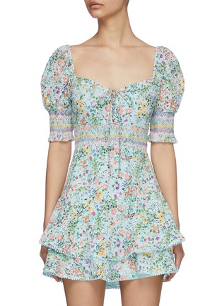 Main View - Click To Enlarge - ALICE & OLIVIA - 'Crawford' Smock Detail Sweetheart Neck Puff Sleeve Floral Mini Dress