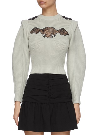 Main View - Click To Enlarge - SELF-PORTRAIT - Lace Motif Button Shoulder Crop Cotton Wool Blend Sweater