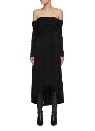 Main View - Click To Enlarge - KHAITE - Nerissa' Off Shoulder Long-Sleeved Flared Midi Dress