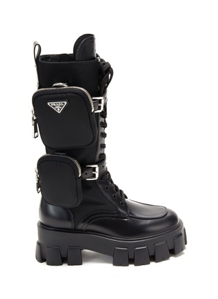 Main View - Click To Enlarge - PRADA - Monolith Nylon Pouch Tall Combat Leather Boots