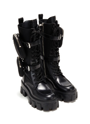 Figure View - Click To Enlarge - PRADA - Monolith Nylon Pouch Tall Combat Leather Boots