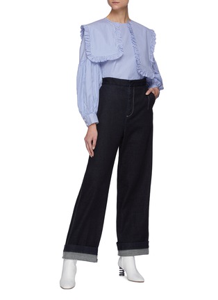 Figure View - Click To Enlarge - TIBI - Striped Shirred Sleeve Cotton Shirt With Detachable Asymmetric Ruffled Collar