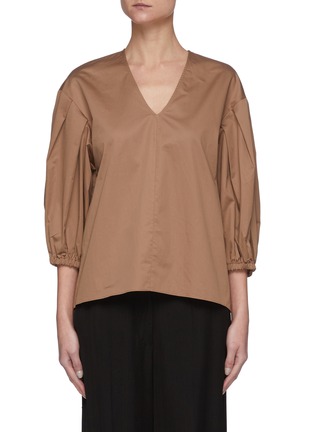 Main View - Click To Enlarge - TIBI - Eco Cotton Poplin V Neck Pleated Three Quarter Sleeved Top