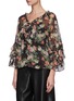 Front View - Click To Enlarge - ALICE & OLIVIA - Kallie' Ruffled Sleeve Tie V Neck Cropped Blouse