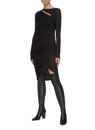 Figure View - Click To Enlarge - HELMUT LANG - Cutout Asymmetric Ruched Long Sleeved Dress