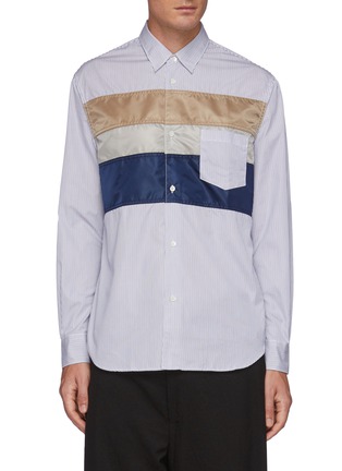 Main View - Click To Enlarge - COMME DES GARÇONS HOMME - Tri Coloured Nylon Panelled Striped Cotton Shirt