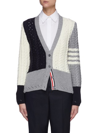 Main View - Click To Enlarge - THOM BROWNE  - Panelled Pointelle Cable Knit Wool Cardigan