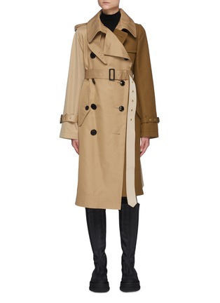 Main View - Click To Enlarge - SACAI - Bicoloured Cotton Blend Long Trench Coat With Elongated Waist Belt