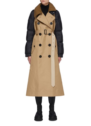 Main View - Click To Enlarge - SACAI - Hybrid Puffer Cotton Blend Trench Coat With Elongated Waist Belt